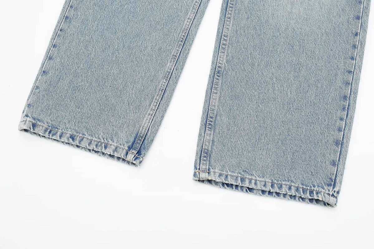 HH 2024 Women's Street Fashion Denim Blue Jeans Distressed Patchwork High Waist Zipper Fly Ripped Retro Long Pants