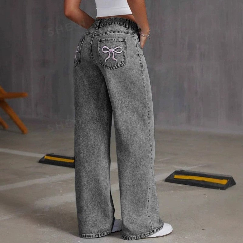 Bow Embroidered Jeans Women's Sweet Spicy Style High Waist Straight Leg Pants Loose Casual Wash High Street Denim Pants