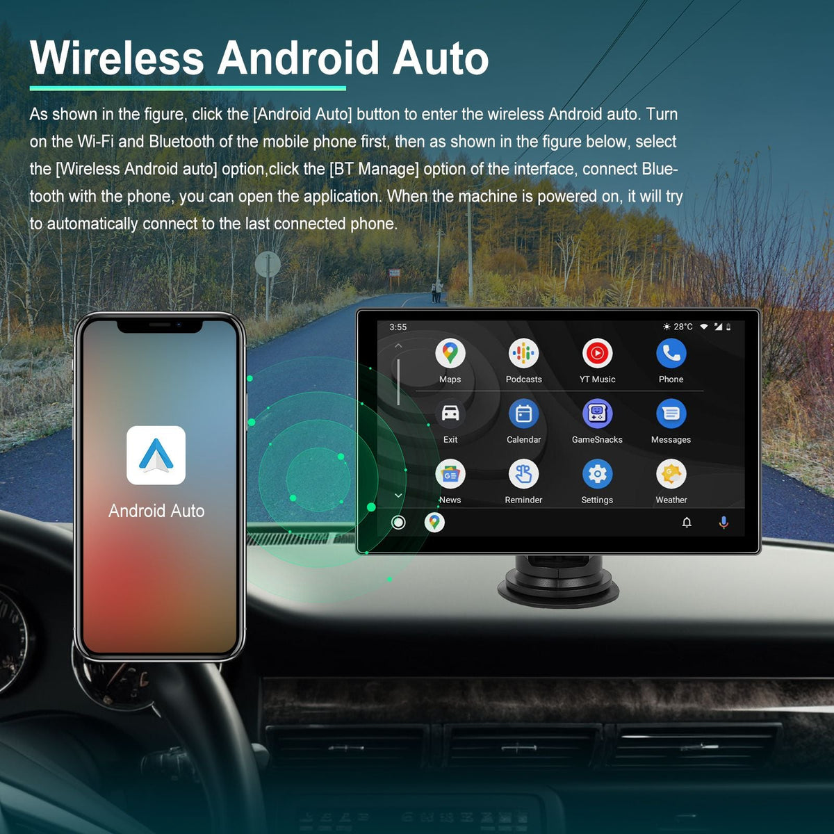 Portable 9" Car Mirror Radio Multimedia Video Player Universal Wireless CarPlay Android Auto Screen Bluetooth AUX TF GPS DVR