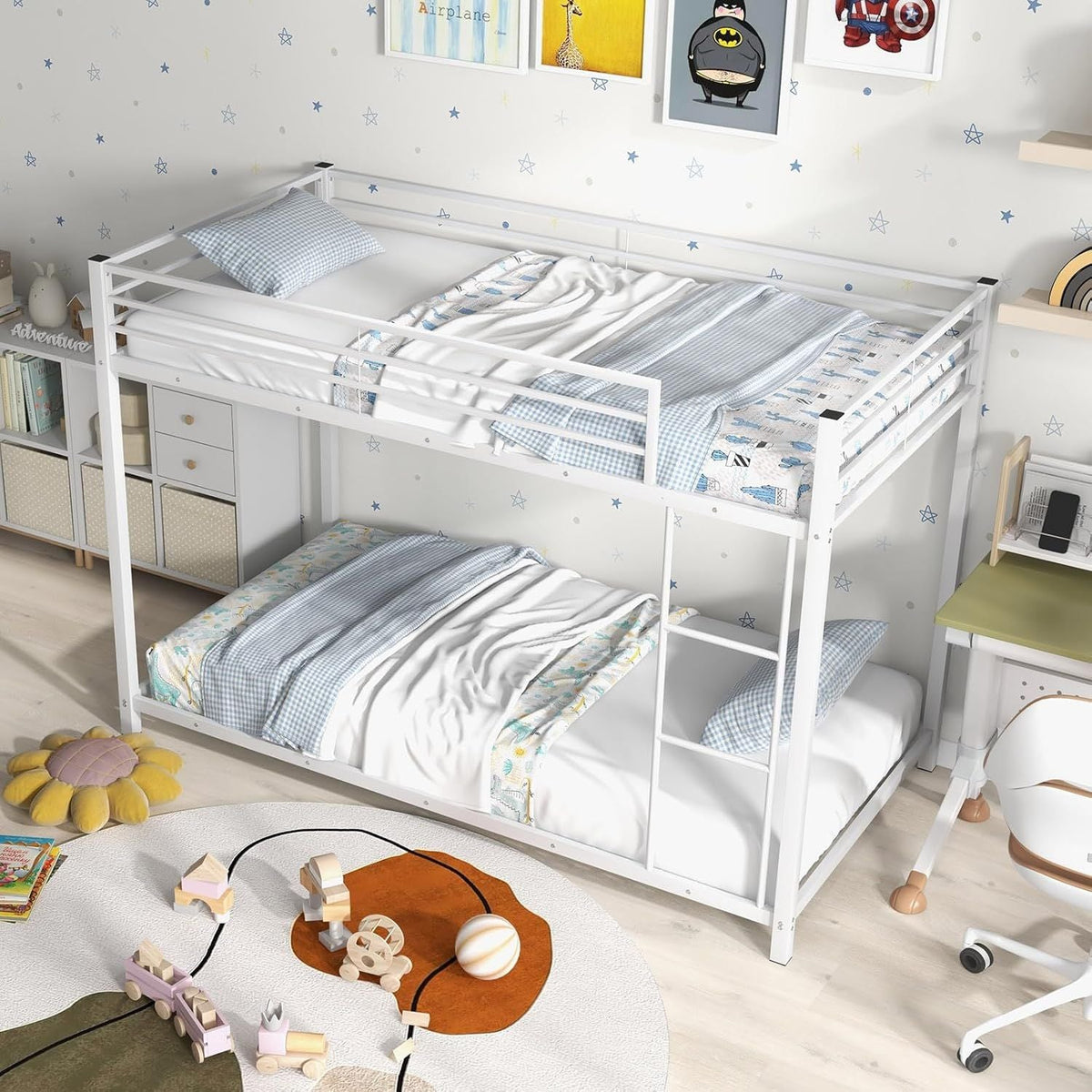 White Twin Over Twin Metal Bunk Beds, Heavy Duty Bed Frame with Safety Guard Rail & Ladder, Low Floor Bunk Bed for Boys