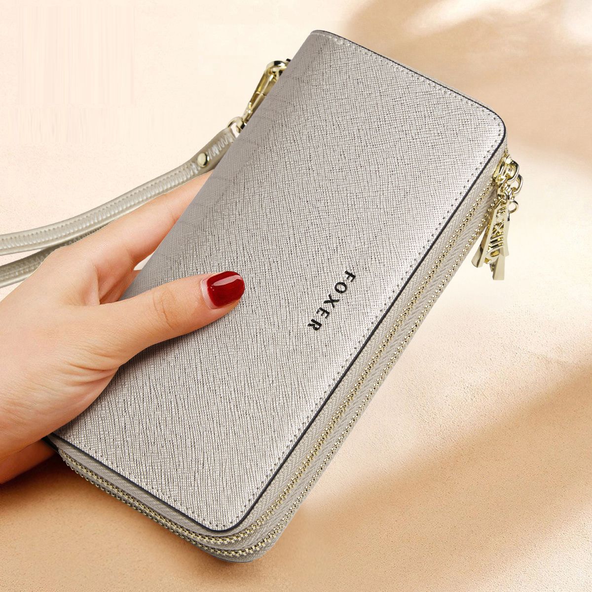 FOXER Split Leather Lady's Wallet Bifold Long Clutch Bag with Wristlet Fashion Card Holder Coin Purse Cellphone Money Bag