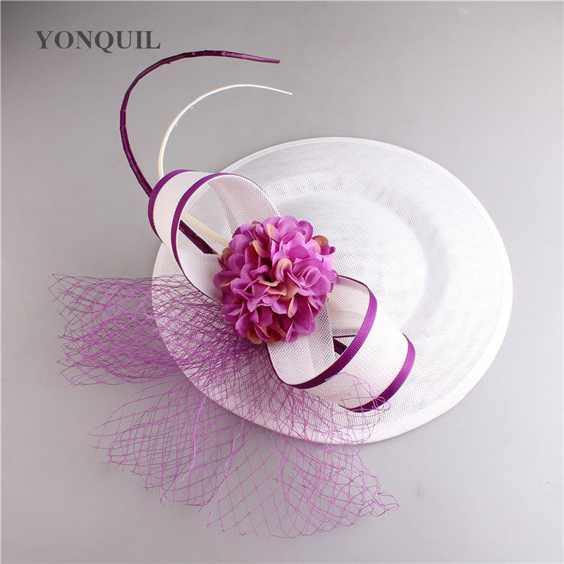 New Design Yellow With Purple Hair Fascinator Hat Headband Bridal Wedding Party Headpiece Mesh Ladies Occasion Hair Accessories