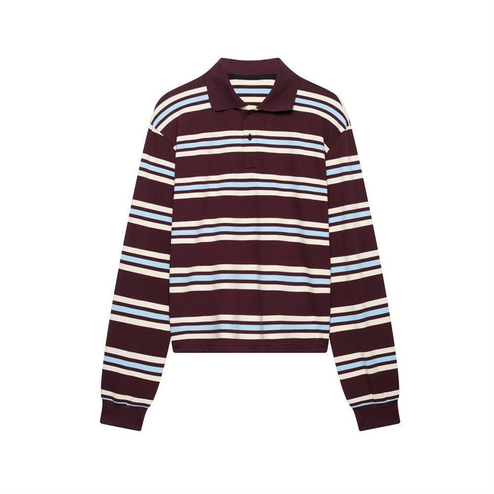 UNIZERA 2025 Women's Long - Sleeve Striped Polo - style Shirts in Burgundy and White with Contrasting Collars for a Casual Look