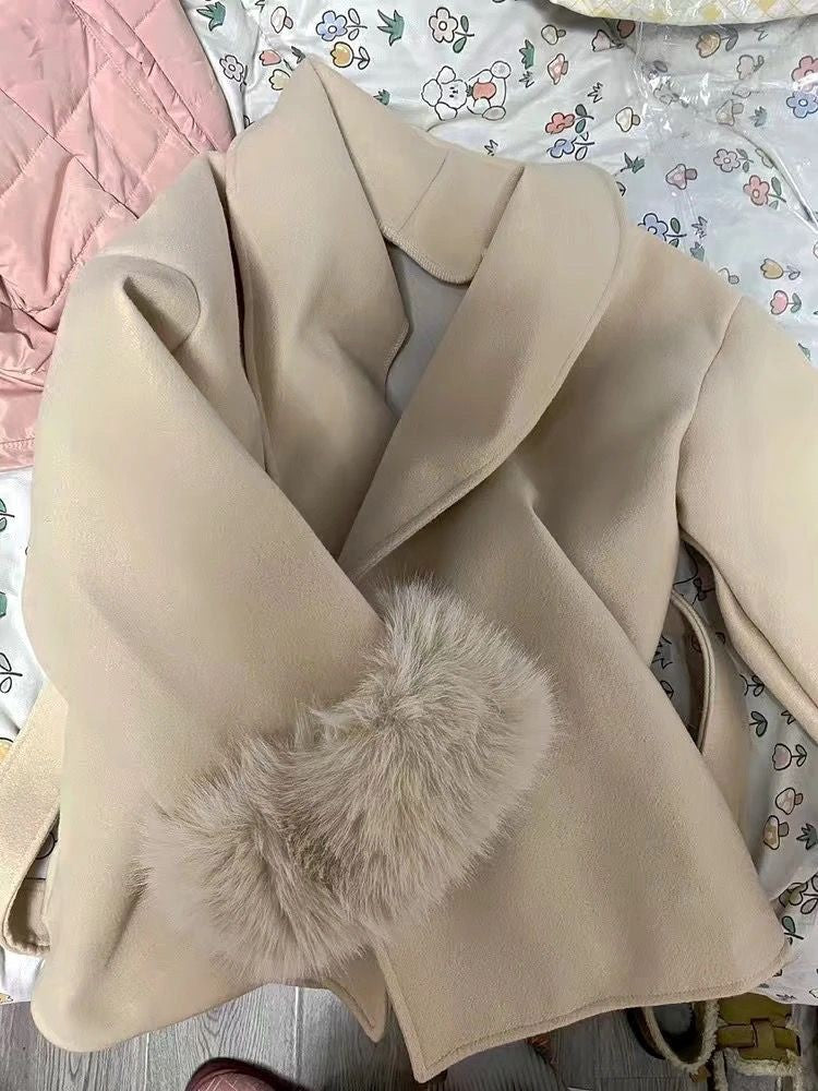 2025 Retro Elegant Lace Up Woolen Casual Overcoat Women Harajuku Loose Warm Plush Long-sleeved Autumn Fashion New Street Jacket