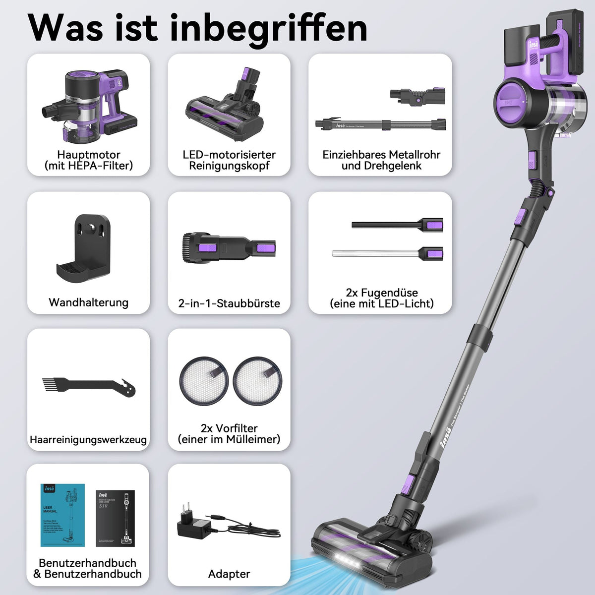 INSE S10 Cordless Vacuum Cleaner, 6-in-1 Stick Vacuum with 45Kpa Powerful Suction, Max 50 Min Runtime Rechargeable Battery