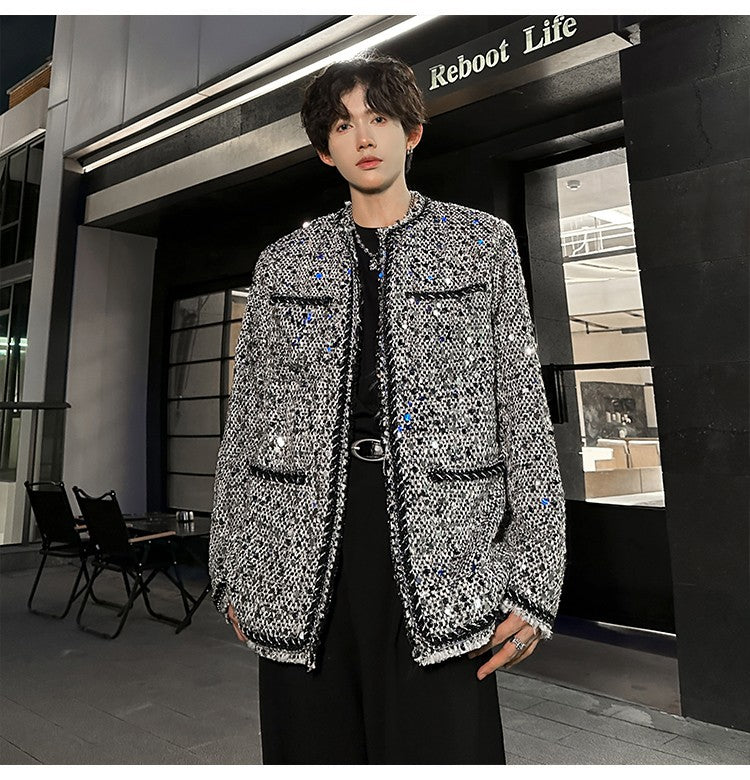 Korean Fashion Shiny Sequin Jacket Sliver Round Collar Long Sleeve Jackets Coats Autumn New Ladies Gentleman High Street