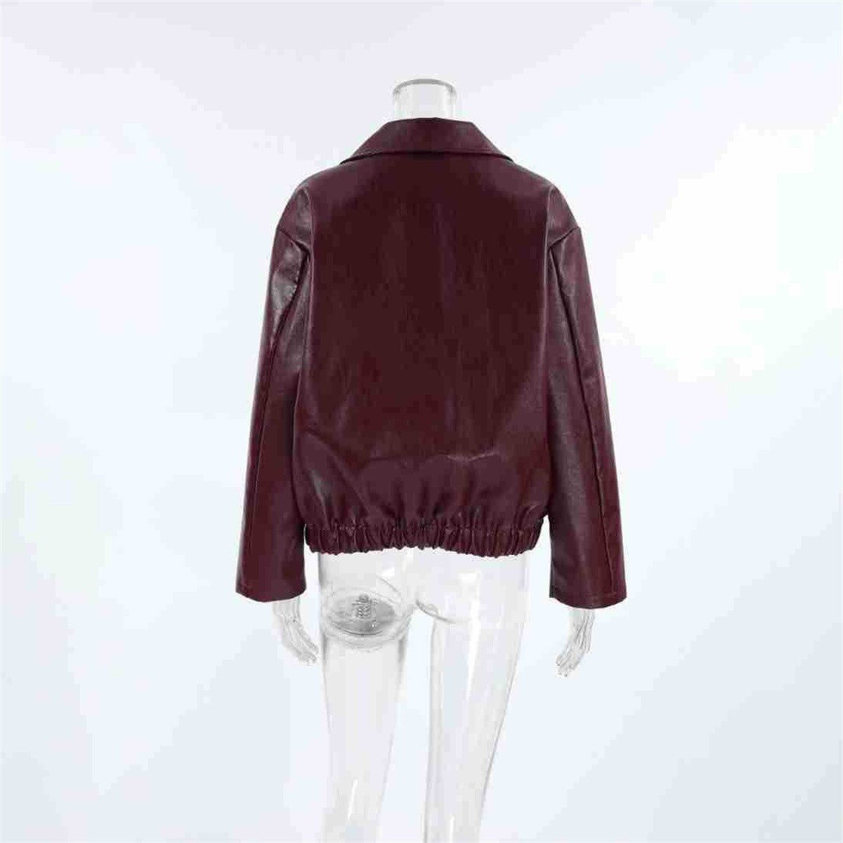 Women Vintage Wine Red Faux Leather Jakcet Fashion Outerwear Zipper Lapel Pu Coats Autumn Winter Streetwear Ladies Short Tops