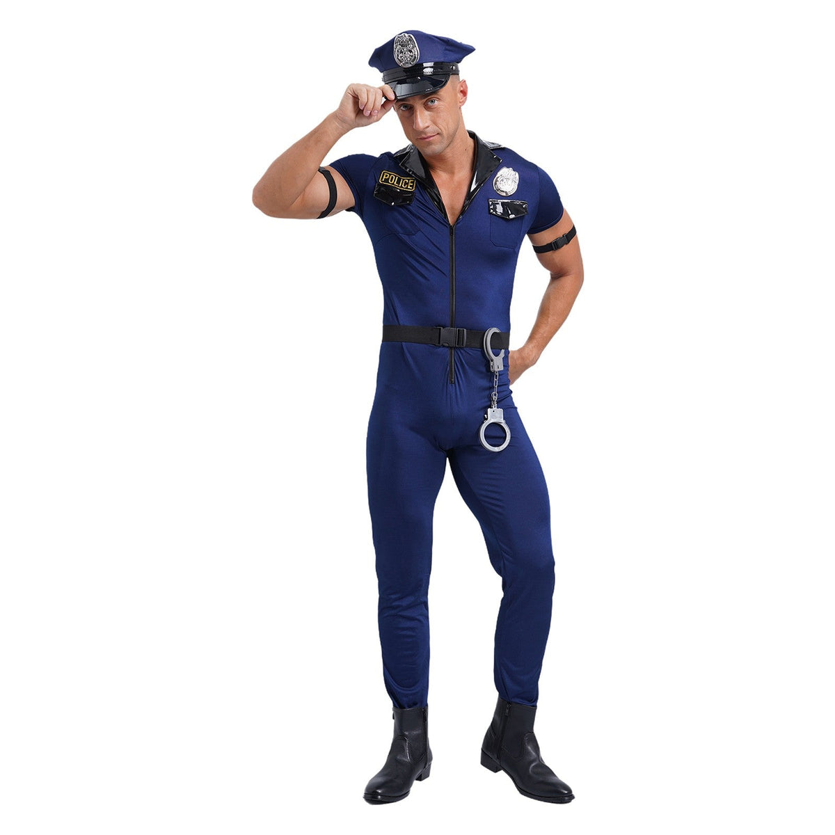 Mens Police Uniform Cosplay Outfits 7-Piece Dirty Cop Officer Costumes Front Zipper Role Play Jumpsuit Hat Belt Manacles Badge