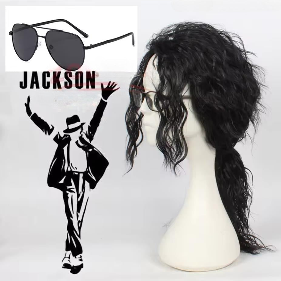 Michael Jackson Cosplay Wig Or Glasses MJ Long Black Curly Synthetic Wig Hair Headwear Halloween Cosplay Wigs Accessories Prop