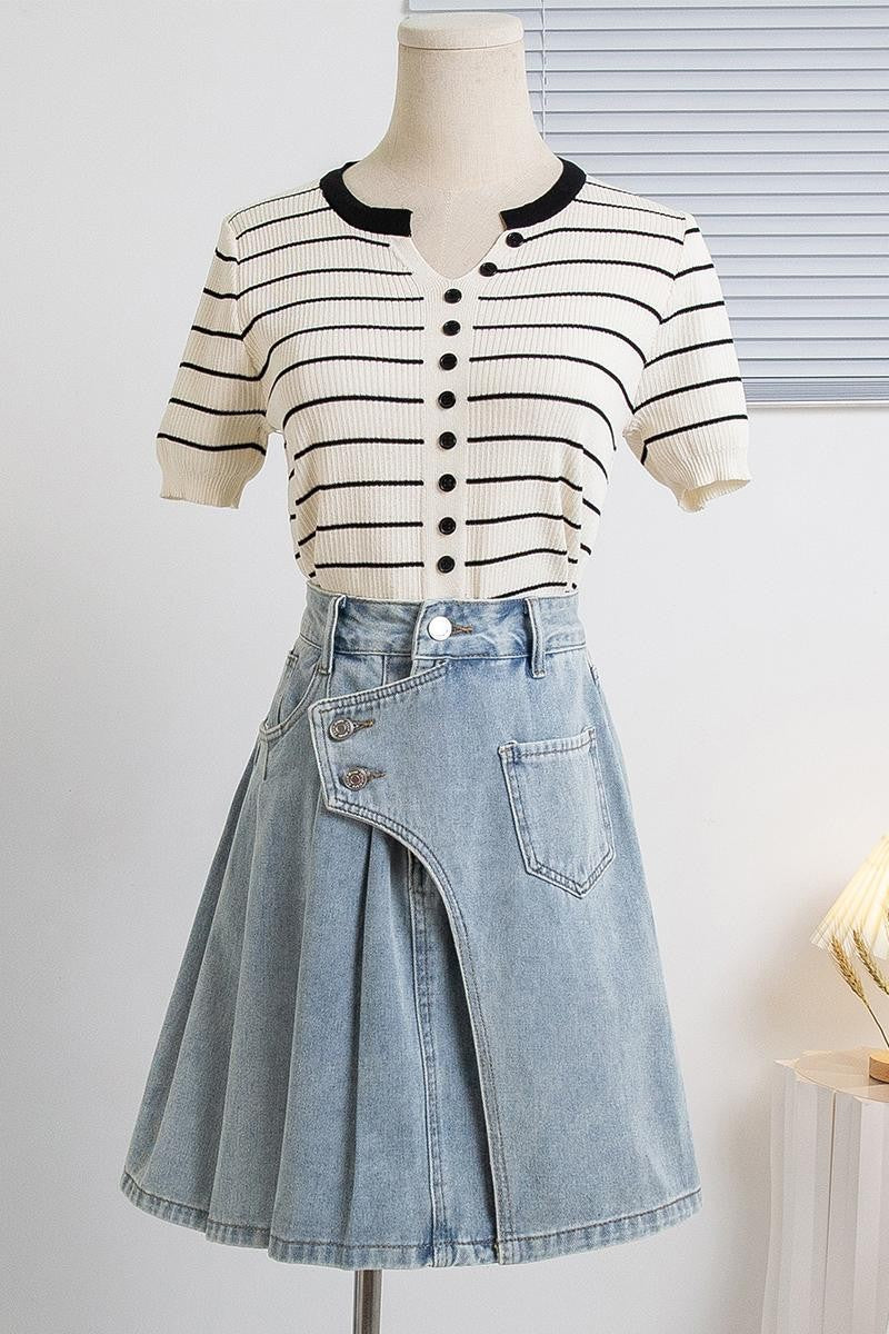 Plus Size Denim A Line Skirt With Lining 2024 Summer New Korean Fashion Pleated Midi Jean Skirt Woman Blue Color Jeans Skirts