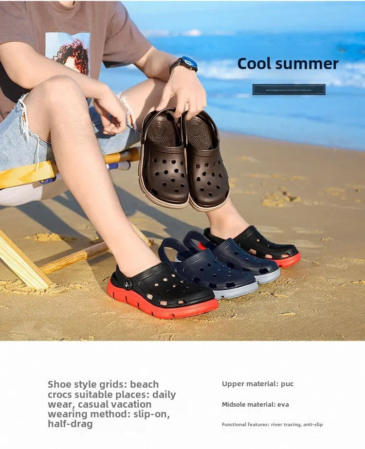 2024 Summer Plus Size Hollow Out Sandals Men's Breathable Slippers Trendy Thick Base Slip-On Beach Shoes Men's Footwear