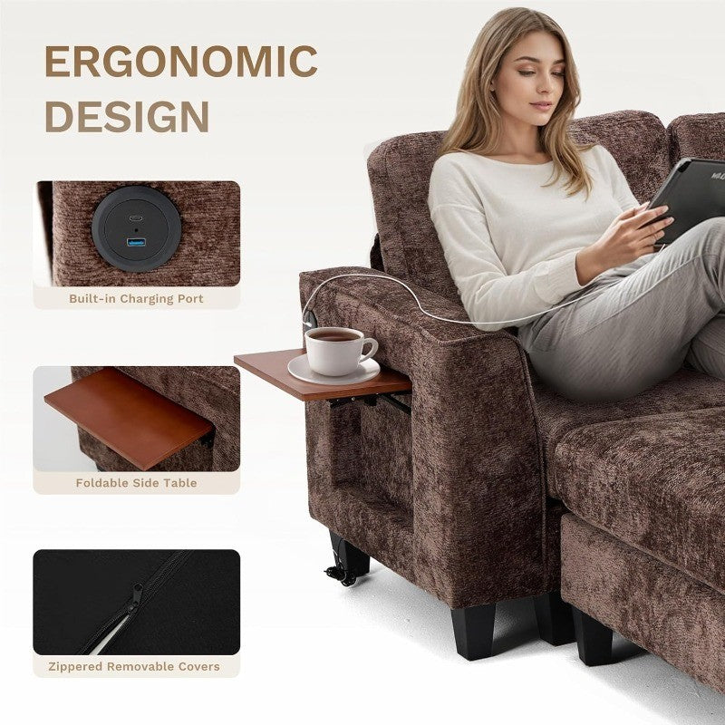 118" U-Shaped Sectional Couch, 4-Seat Modular Sofa with 2 Ottomans and Foldable Side Table, Brown for Living Room