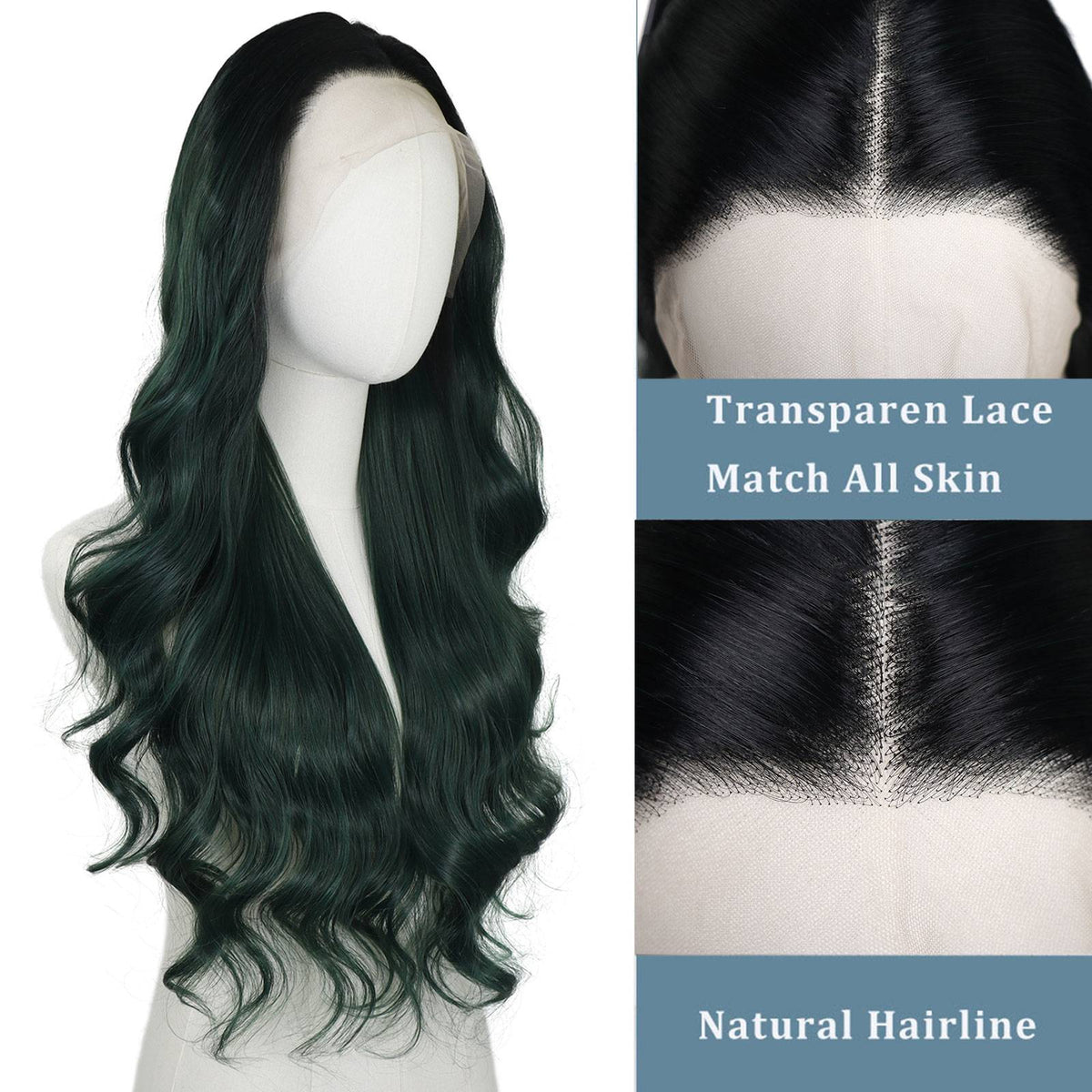 Ombre Dark Green Wavy Synthetic Wigs Dark Roots Cosplay 13x4 Lace Front Green Wig For Women Pre Plucked Natural Hairline