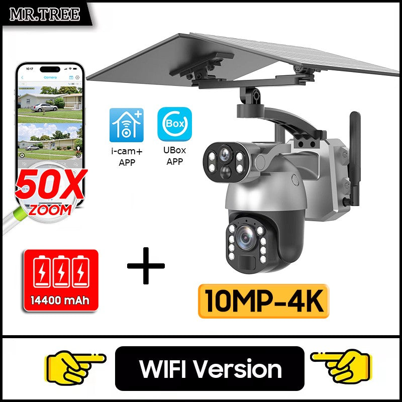 50XZOOM Solar Camera 4G SIM/WiFi Dual Lens Outdoor Security Camera with Night Vision,Waterproof Wireless Surveillance for Garden
