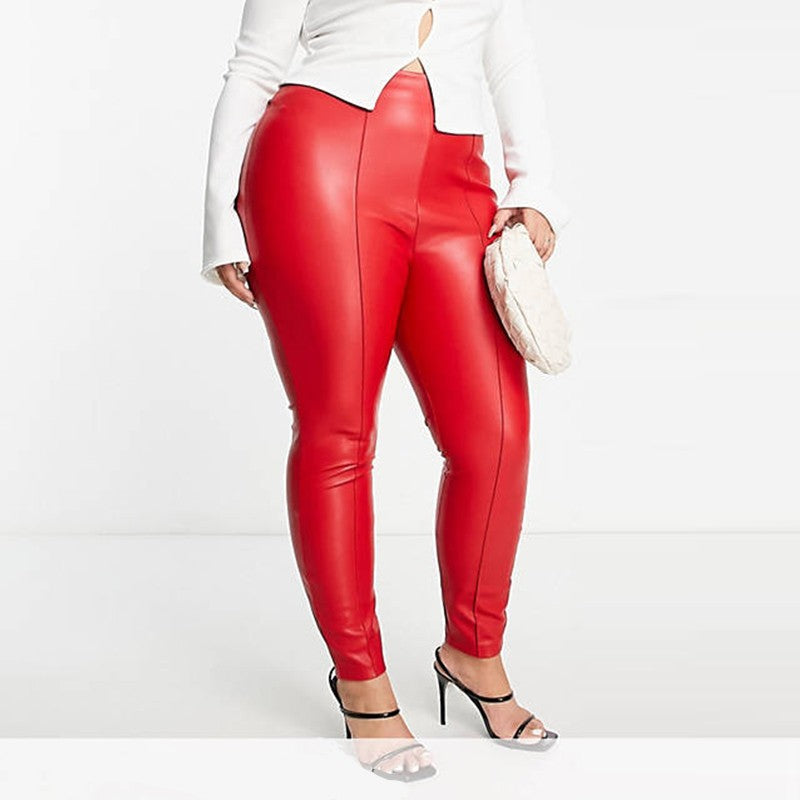 Casual England Style PU Faux Leather Leggings Women Elastic Mid Waist Leather Pencil Pants PU Trousers Fashion Slim Custom