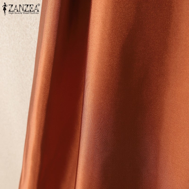 2025 Stylish Autumn High Waist Party Satin Skirts ZANZEA Women Jupe Plus Size Solid A-line OL Work Faldas Saia Maxi Long Skirt