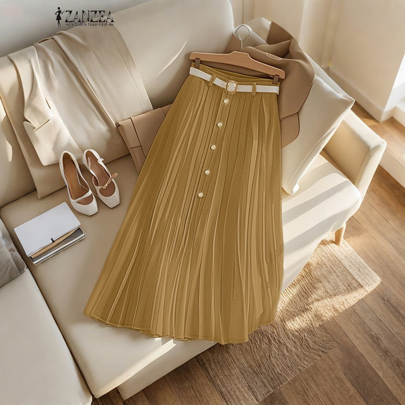 Autumn Skirts Plus Size 2025 ZANZEA Elegant Women High Waist Party Pleated Skirt Jupes Stylish Solid A-line OL Work Faldas Saia