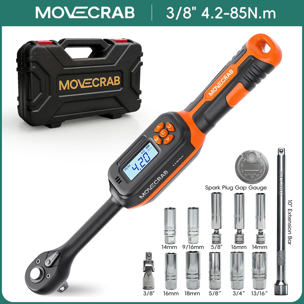 MOVECRAB Digital Torque Wrench 1.5-340N.m with Preset Values 2% Accuracy Buzzer and LED Flash Notification