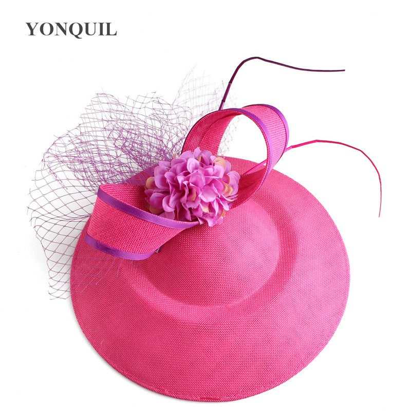New Design Yellow With Purple Hair Fascinator Hat Headband Bridal Wedding Party Headpiece Mesh Ladies Occasion Hair Accessories