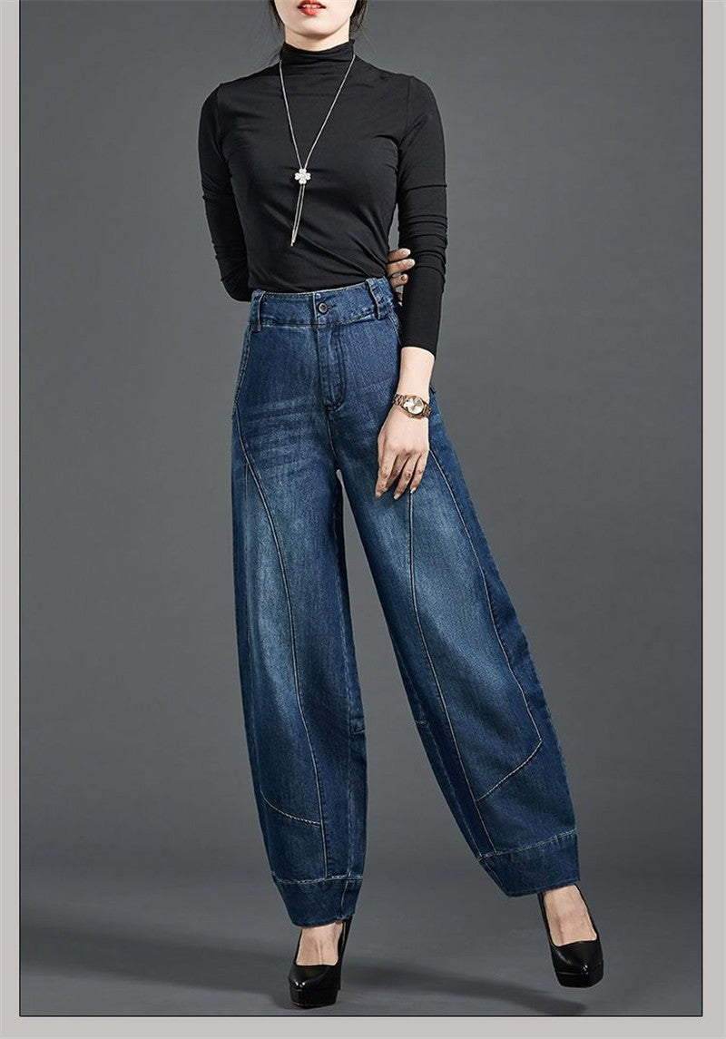Autumn Winter High Waisted Women Jeans Casual Loose Embroidery Bloomers Trousers Female Fashion Wide Leg Denim Pants Blue