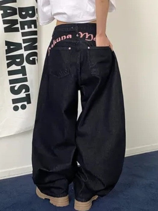 Ba Embroidered Letter Print Jeans Women's Spring New Sweet Cool Spicy Girl High Waist Slimming Long Pants Faionable Commute