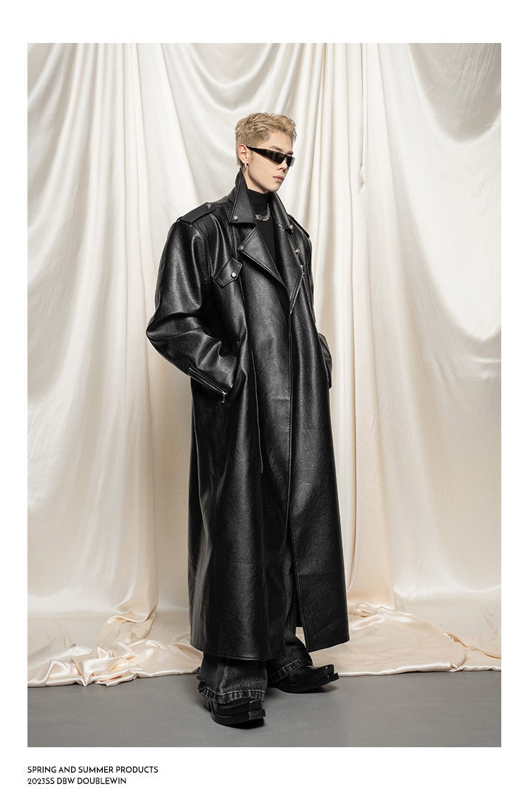 Mauroicardi Spring Autumn Oversized Cool Extra Long Black Pu Leather Trench Coat Men Zipper Loose Luxury European Fashion 2023
