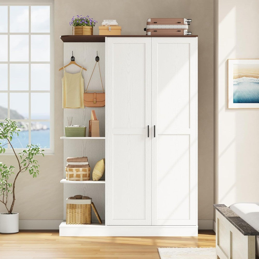 Wardrobe Closet, Modern Bedroom Armoires with 5 Shelves, 2 Doors, Large Wooden Closet Cabinet with 30W x 52H Hanging Area