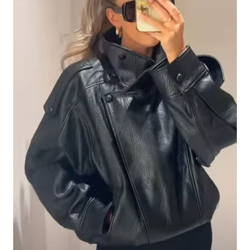 HXAO Faux Leather Jacket Coat Demi-Season Black Bomber Jacket Outerwears Long Sleeve Snap Button Cropped Motorcycle Jacket