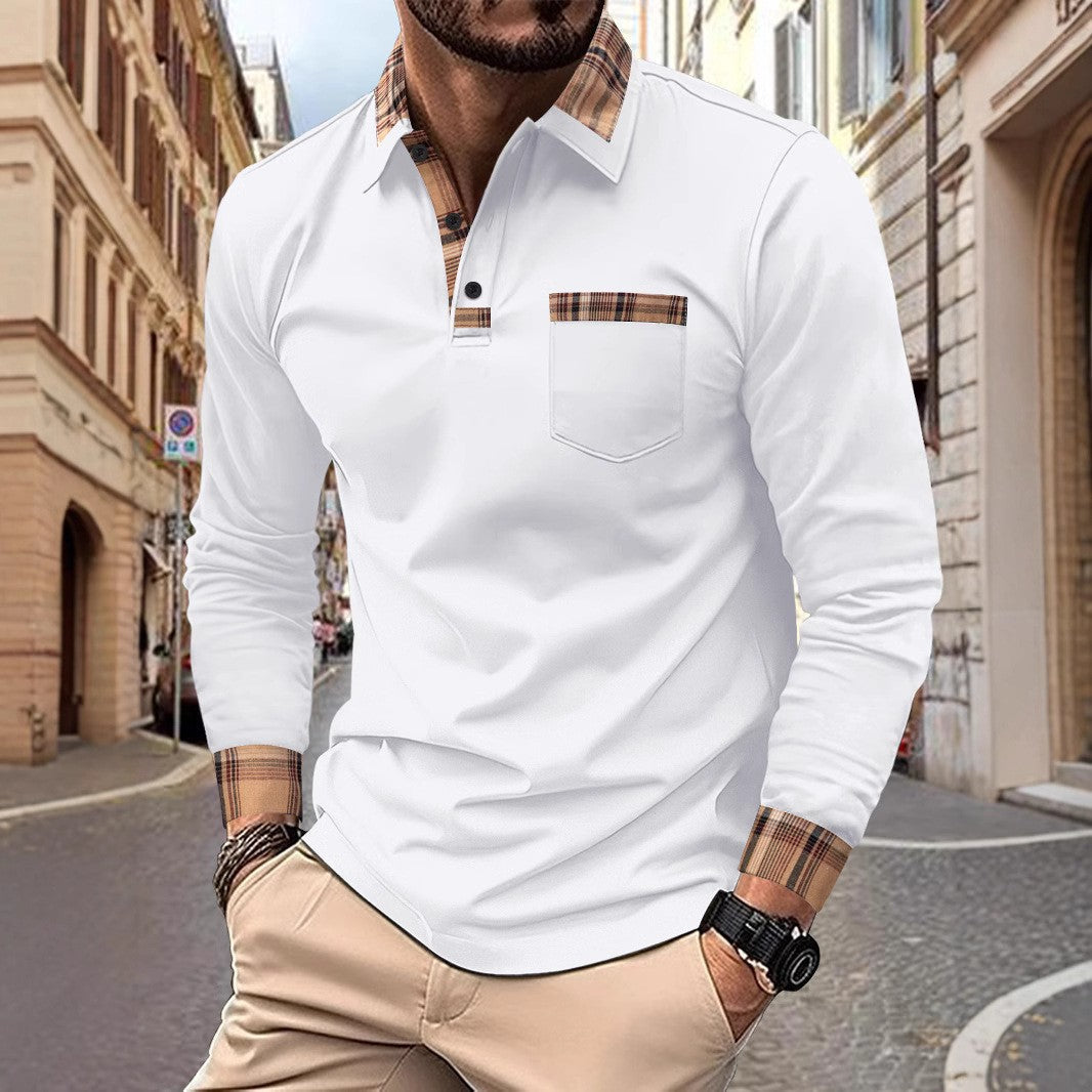 New men's casual spring and fall fashion plaid lapel long sleeve pocket comfortable party outdoor top polo shirt