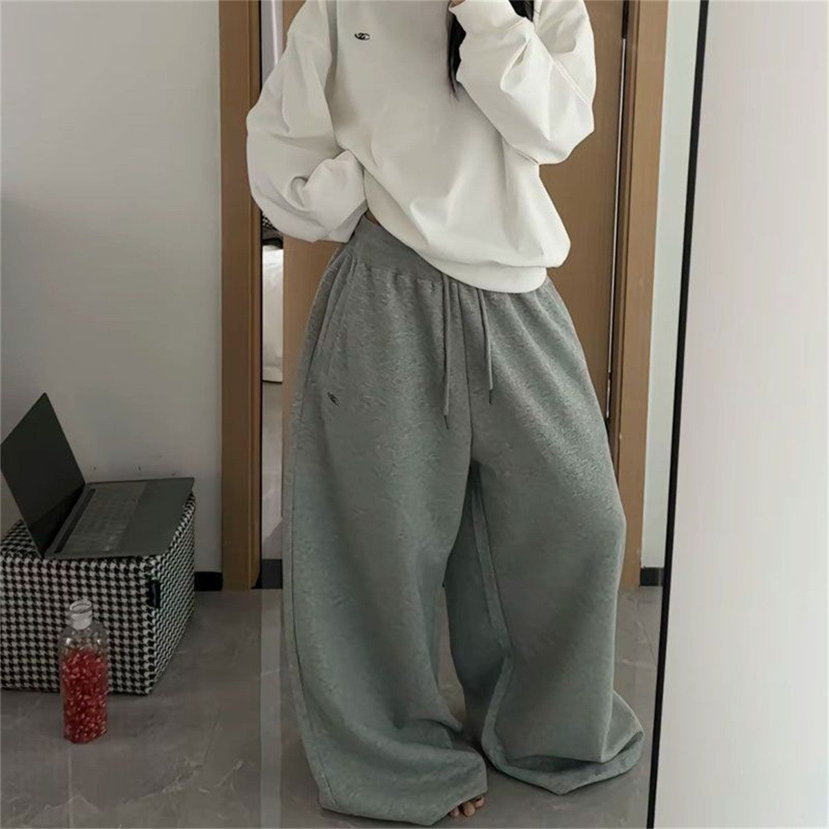 Oversize Woman Grey Black Sweatpants Y2K Korean Streetwear Loose Casual Jogger Pants High Waist All Match Drawstring Trousers