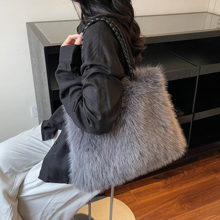 LEFTSIDE Faux Fur Women Shoulder Bags 2025 Luxury Brand Designer Plush Handbags and Purses Soft Warm Winter Underarm Bag