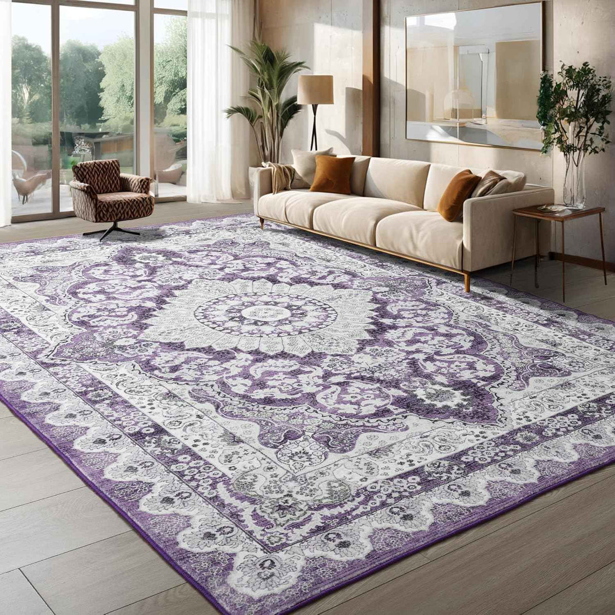 Area Rugs for Living Room, Machine Washable Vintage Rug, Non-Slip Low Pile Throw Rugs with Rubber Backing Washable Carpet