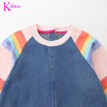 New Girls' Dress  Round Neck Children's Princess Dress Denim Fabric Toddler Kids Clothing 4-8Y