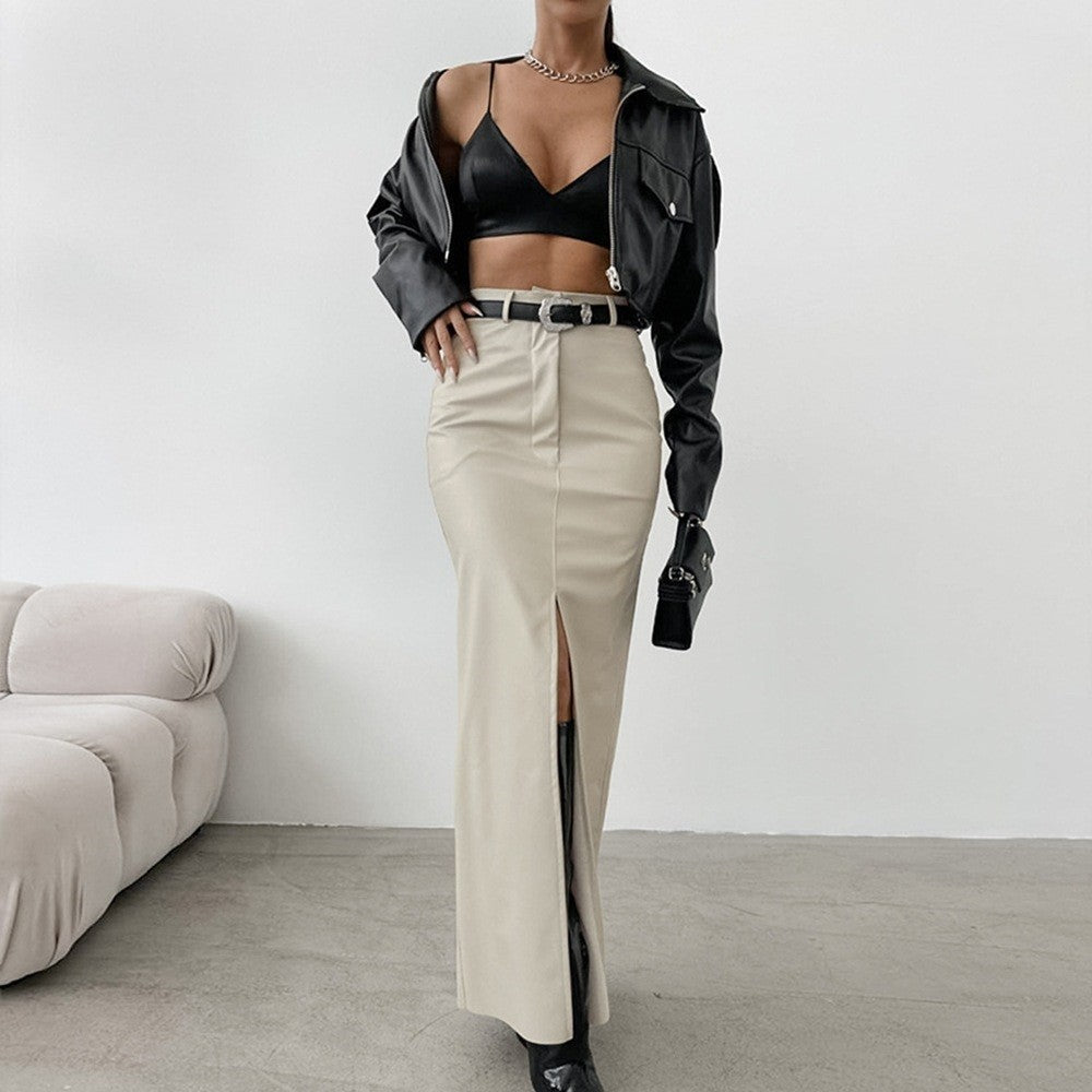 Women High Waist PU Leather Skirts Ladies Solid Slim Maxi Long Skirts