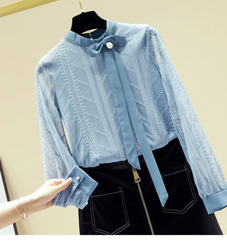Women Blouse Shirt New Long Sleeve Stand Collar Elegant Lace-up Blouse Shirt Women Tops Blouses Shirts Blusas Camisas 2025 Q687