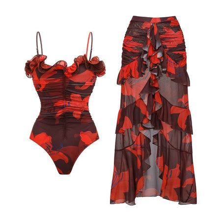 Women Sexy Bikini Set Swimsuit Lily Contrast Print Fabric Patchwork Skirt Push Up Swimsuit Biquini Bodysuit Bathing Suits