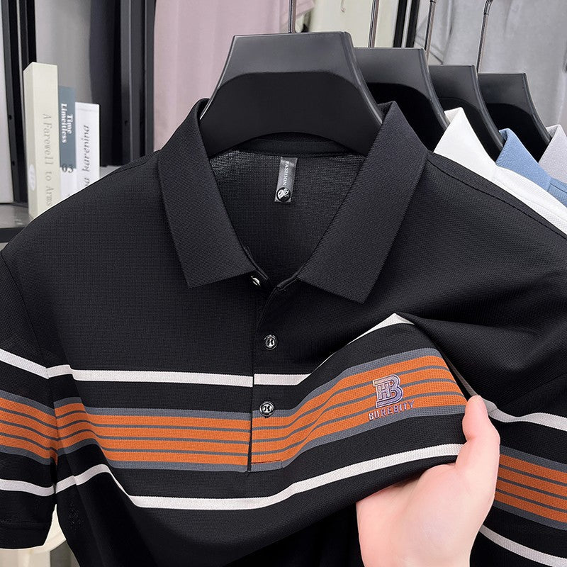 High end letter embossed short sleeve polo shirt luxury brand T-shirt fashion striped summer new ice silk breathable men's top