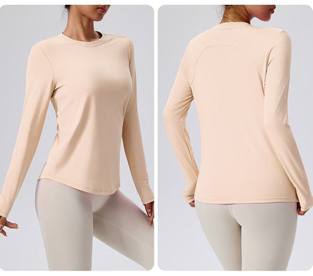 Naked Spring and Autumn Round Neck Fitness Yoga Clothing, Slimming and Slimming Base, Sports Top, Pilates Long Sleeve, Female
