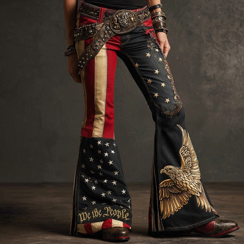 Women's Floral Embroidered High Waist Flared Jeans Vintage Boho Wide Leg Denim Pants for Party and Daily Outfits