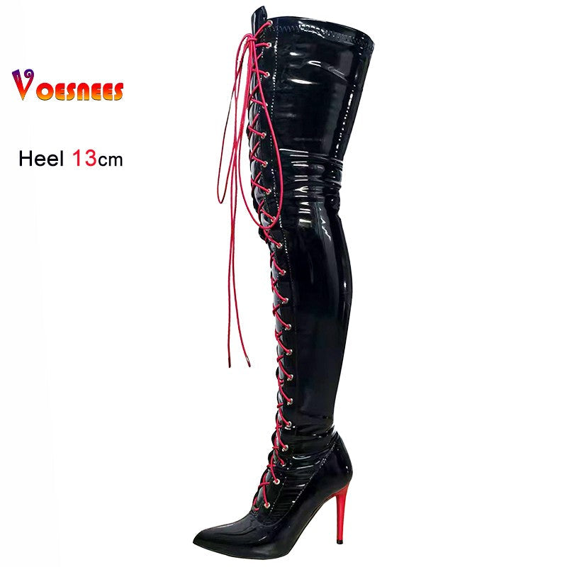 13CM Thin Heel Black Lace-up Over the knee Boots Woman Fetish Pointy Toe Boots Elastic Leather Thigh High Sexy Women Party Shoes