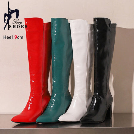 Sexy Women Knee High Boots Pointy Toe Chunky Heels 9CM Boot Large Size 44 45 46 With Zipper Winter Outdoors Leather Female Shoes