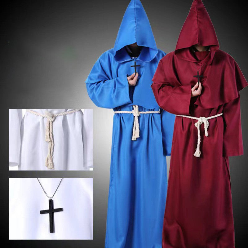 Halloween Wizard Cosplay Medieval Monk Hooded Robe Costume Mask Hat For Men Steampunk Priest Horror Masquerade Unisex Cloak Cape