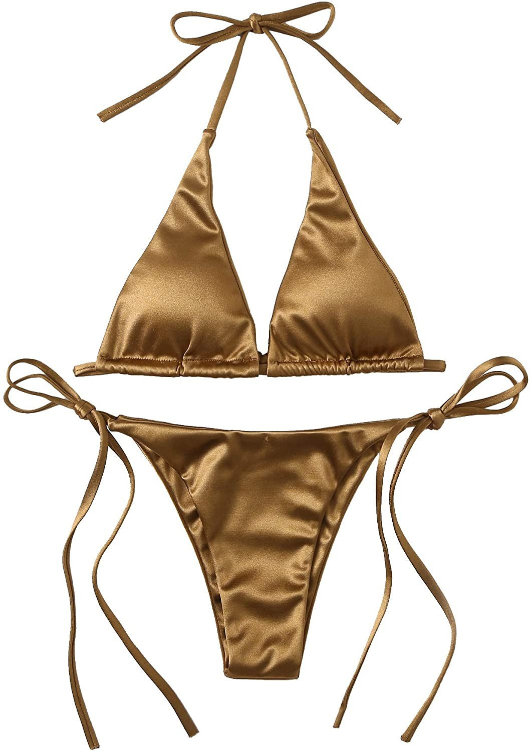 Wrap Around Halter Metallic Satin Bikini Women Swimwear Female Swimsuit Two-pieces Bikini Set Brazilian Bathing Suit Swim Lady