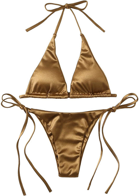 Wrap Around Halter Metallic Satin Bikini Women Swimwear Female Swimsuit Two-pieces Bikini Set Brazilian Bathing Suit Swim Lady
