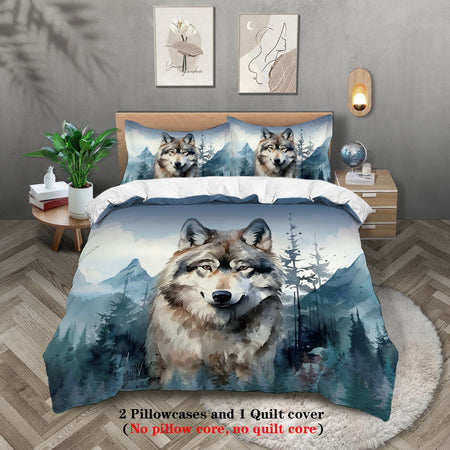 3-piece set, wolf pattern printed bedding set, queen, king, double bed, for bedroom, guestroom, hotel, home decoration
