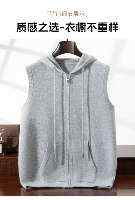 Autumn Winter Thickened Warm 100% Pure Wool Vest Men's Vest with Hood Zipper Cardigan Casual Pocket Sweater Jacket