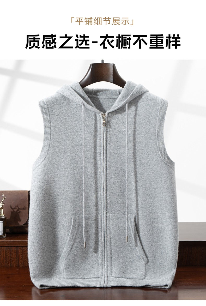 Autumn Winter Thickened Warm 100% Pure Wool Vest Men's Vest with Hood Zipper Cardigan Casual Pocket Sweater Jacket