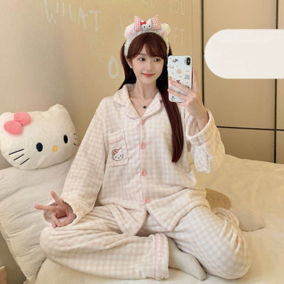 Winter Pajamas Lapel Neck Women's Pajamas Long Sleeve Kawaii Dog Warm Sleepwear Harajuku Style Cute Casual Pajamas Two-Piece