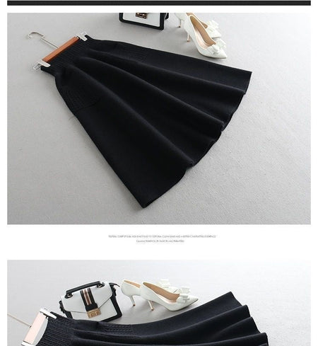 Autumn Winter Women's Mid-Length Knitted Pleated Skirt High Waist A-Line Long Skirt Loose Fuzzy Wool Skirt Double ket