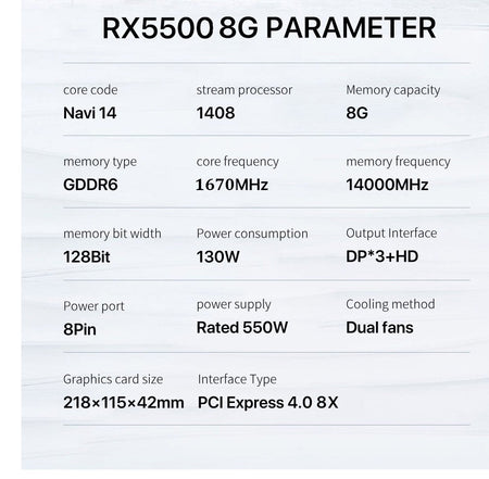 MLLSE Graphics Card RX 5500 8gb Placa De Video Gaming 7NM 128bit GDDR6 8Pin PCI Express 4.0 x 8 1717MHz DP*3 Desktop